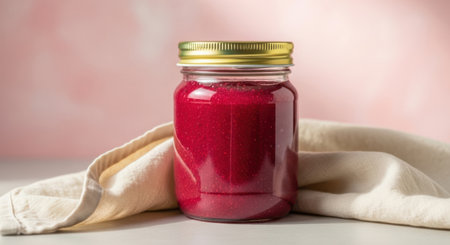 A rich, ruby-hued liquid fills a glass container, draped with soft fabric.の素材