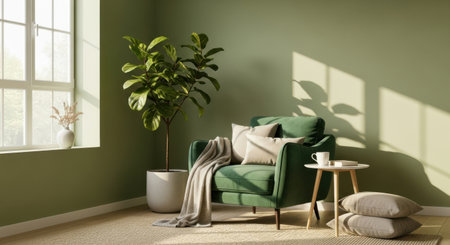 A serene corner with a plush green armchair bathed in warm sunlight, featuring decorative pillows and a soft throw.の素材