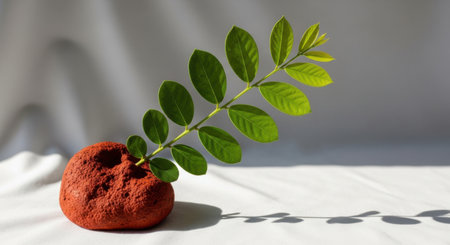 A still life composition featuring a textured pomegranate and a vibrant green branch with soft light.の素材