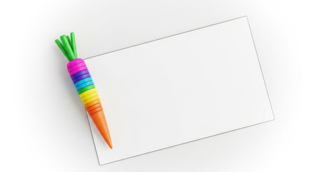 A colorful carrot decoration rests beside an empty white paper for your creative ideas.の素材