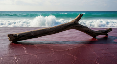 A dark, gnarled branch lies on a glistening shore as turquoise waves break.の素材