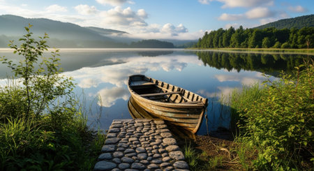 A tranquil scene unfolds with a solitary boat by a reflective body of water and verdant foliage.の素材