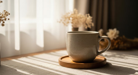 A cozy scene featuring a mug on a coaster, illuminated by gentle sunbeams.の素材