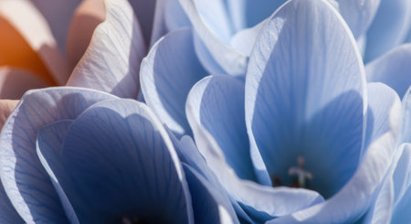 Close up view of soft blue and white petals with subtle orange hues.の素材