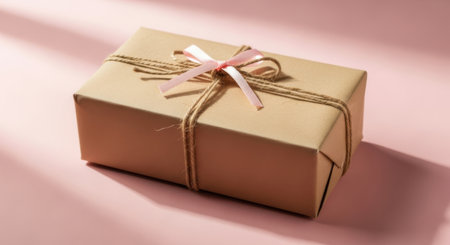 A simple, elegant brown paper package tied with rustic twine and a soft pink bow.の素材