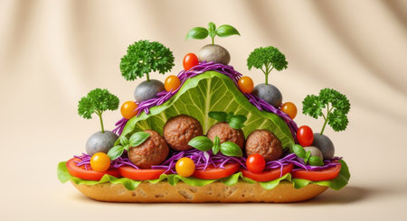 A vibrant, artistic arrangement of fresh produce and savory elements forming a miniature landscape.の素材