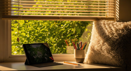 A cozy window scene featuring a tablet, art supplies, and a soft cushion illuminated by warm sunlight.の素材