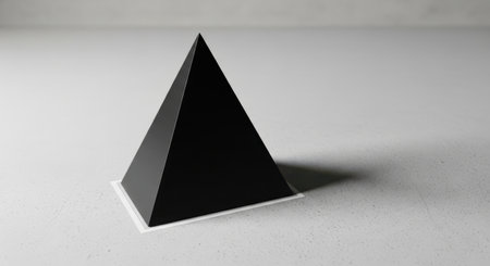 A solitary, dark pyramidal shape stands against a simple, neutral backdrop, its shadow prominent.の素材