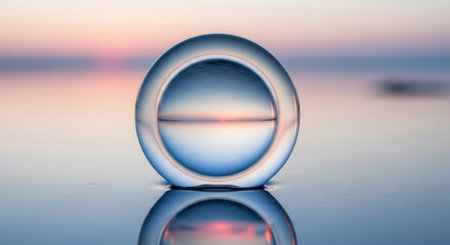 A clear glass orb captures the tranquil beauty of a vibrant sunset, mirrored perfectly.の素材