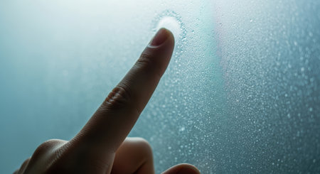 A delicate touch on a textured, translucent surface illuminated by soft light.の素材