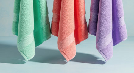 A close-up view of three hanging textiles with intricate patterns and soft colors.の素材