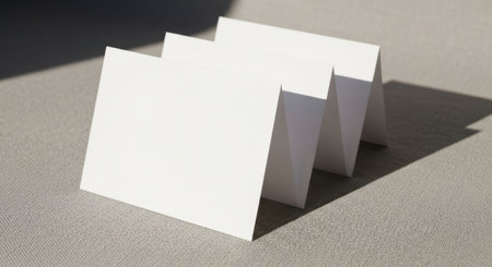 Three blank white cards are leaning against each other, creating a visually appealing composition.の素材