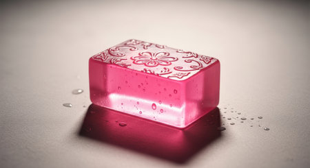 A translucent pink gelatin cube with intricate internal patterns and scattered water droplets.の素材