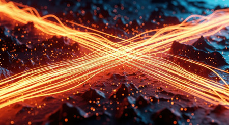 Fiery orange light trails cross over a dark, textured, abstract environment with glowing particles.の素材