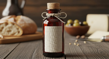 A rich amber bottle of olive oil sits with crusty bread, cheese, and olives.の素材