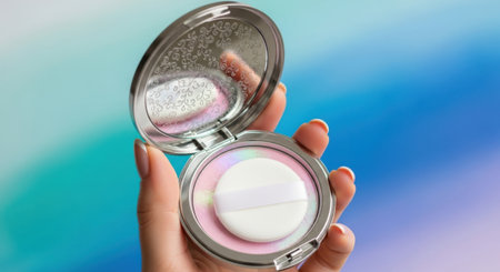 A hand holds an open compact of cushion foundation, revealing its soft applicator and product.の素材
