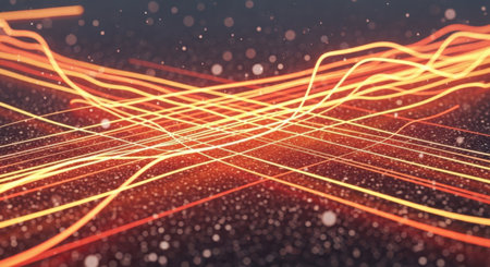 Dynamic abstract art featuring bright orange light trails forming a complex network against a dark, textured backdrop.の素材