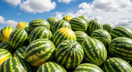 A large collection of fresh, striped watermelons ready for harvest, showcasing their vibrant green and yellow hues.の素材