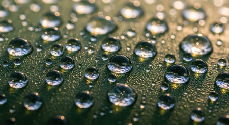 Tiny, reflective water droplets glisten on a vibrant green, textured plant surface, showcasing nature's delicate beauty.の素材