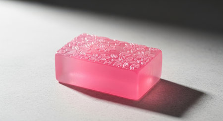 A vibrant pink translucent bar of soap is adorned with shimmering crystalline particles.の素材