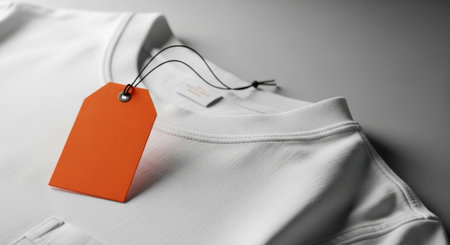 A vibrant orange tag hangs from the collar of a crisp white t-shirt, highlighting its fabric texture.の素材