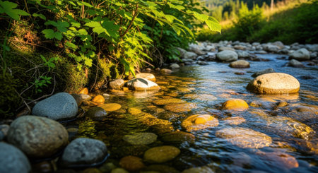 A serene natural scene featuring a shallow, clear stream flowing over colorful, smooth stones with vibrant green plants.の素材
