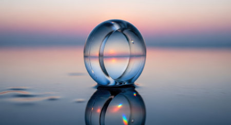A delicate glass object captures the soft hues of dawn, mirrored perfectly on a tranquil body of water.の素材