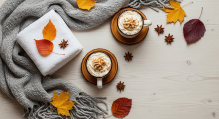 Two steaming mugs of coffee sit beside a wrapped gift adorned with fall leaves.の素材