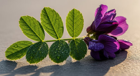 A single stem with vibrant green leaves and a cluster of purple pea-like flowers.の素材