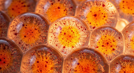 Macro photography reveals a textured surface of shimmering, jewel-like orbs with internal speckles.の素材