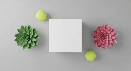 A clean white card is artfully arranged with lush succulents and colorful flowers on a neutral background.の素材
