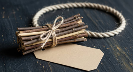 A bundle of natural twigs is secured with twine, resting beside a blank tag and a coiled rope.の素材