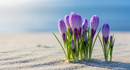 A cluster of vibrant purple crocus flowers pushing through a sandy surface.の素材