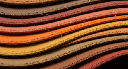 Close-up view of layered fabric strips in warm, earthy hues with visible stitching.の素材