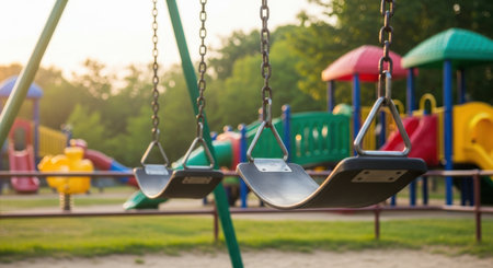 A serene scene of unoccupied swings and bright playground equipment under a gentle, sunlit sky.の素材