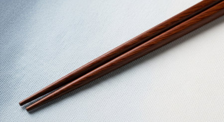 A close-up view of two polished dark wood eating utensils.の素材
