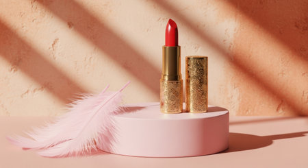 A vibrant red lipstick in a decorative gold case rests on a pedestal with soft lighting.の素材