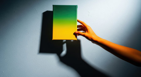 A hand presents a vibrant green to yellow gradient panel, its form accentuated by striking shadow play.の素材