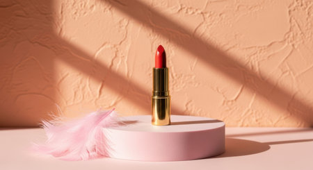 A single tube of bright red lipstick is showcased on a pink display stand, bathed in gentle light.の素材