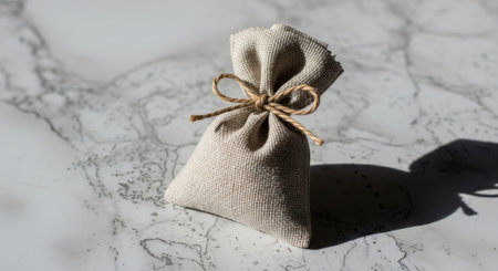 A textured fabric sachet, cinched with natural twine, rests on a bright, veined stone.の素材
