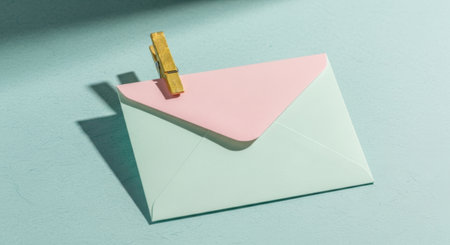 A golden pen secures a pink note atop a stack of light blue paper.の素材