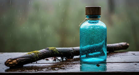 A striking blue liquid fills a clear glass bottle, set against a natural backdrop.の素材