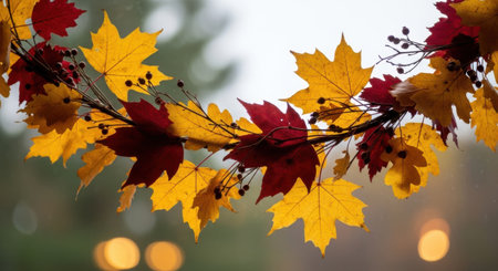 A beautiful display of fall leaves in rich reds and yellows, creating a festive seasonal decoration.の素材