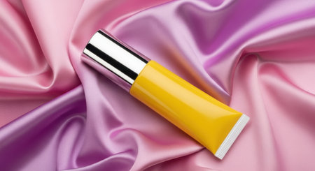 A bright yellow beauty product tube with a silver cap is artfully placed on draped pink and purple silk.の素材