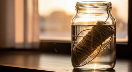 A plant cutting rests in a clear glass jar filled with water, bathed in gentle light.の素材