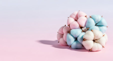 Soft pastel cotton balls are artfully arranged in a cluster, casting a gentle shadow.の素材