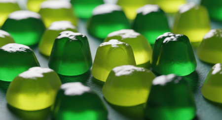 A close-up view of numerous small, colorful gelatin desserts arranged in a pleasing pattern.の素材