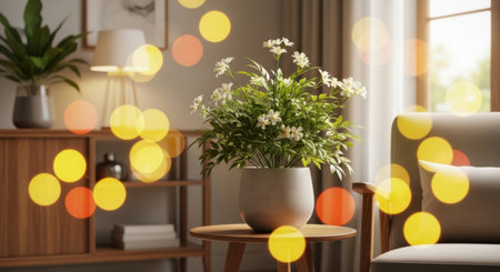 A cozy room scene featuring a floral arrangement and gentle, glowing light.の素材