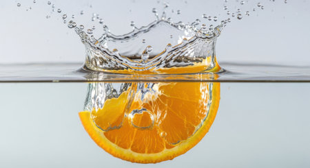 A bright orange segment plunges into a pool, sending water droplets flying upwards.の素材