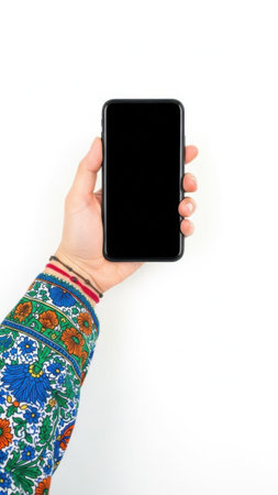 Hand holding smartphone isolated on white backgroundの素材